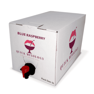 Blue raspberry 5-litre bag-in-box cocktail mixer packaging, 8x more efficient than glass bottles