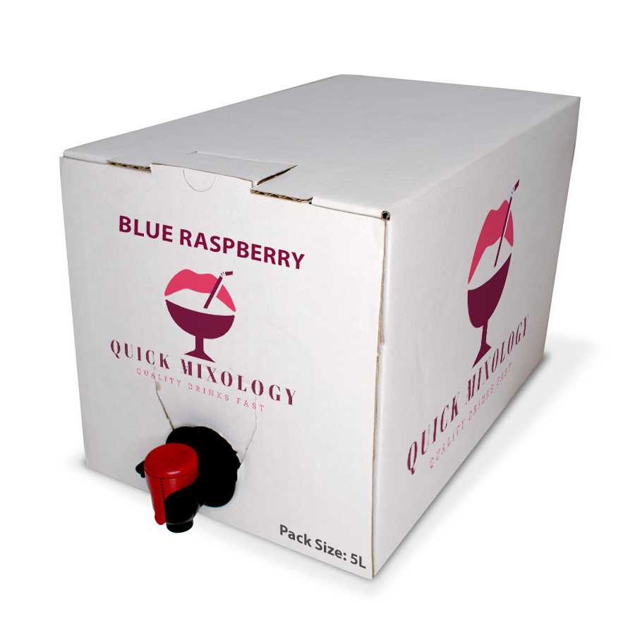 Blue raspberry 5-litre bag-in-box cocktail mixer packaging, 8x more efficient than glass bottles